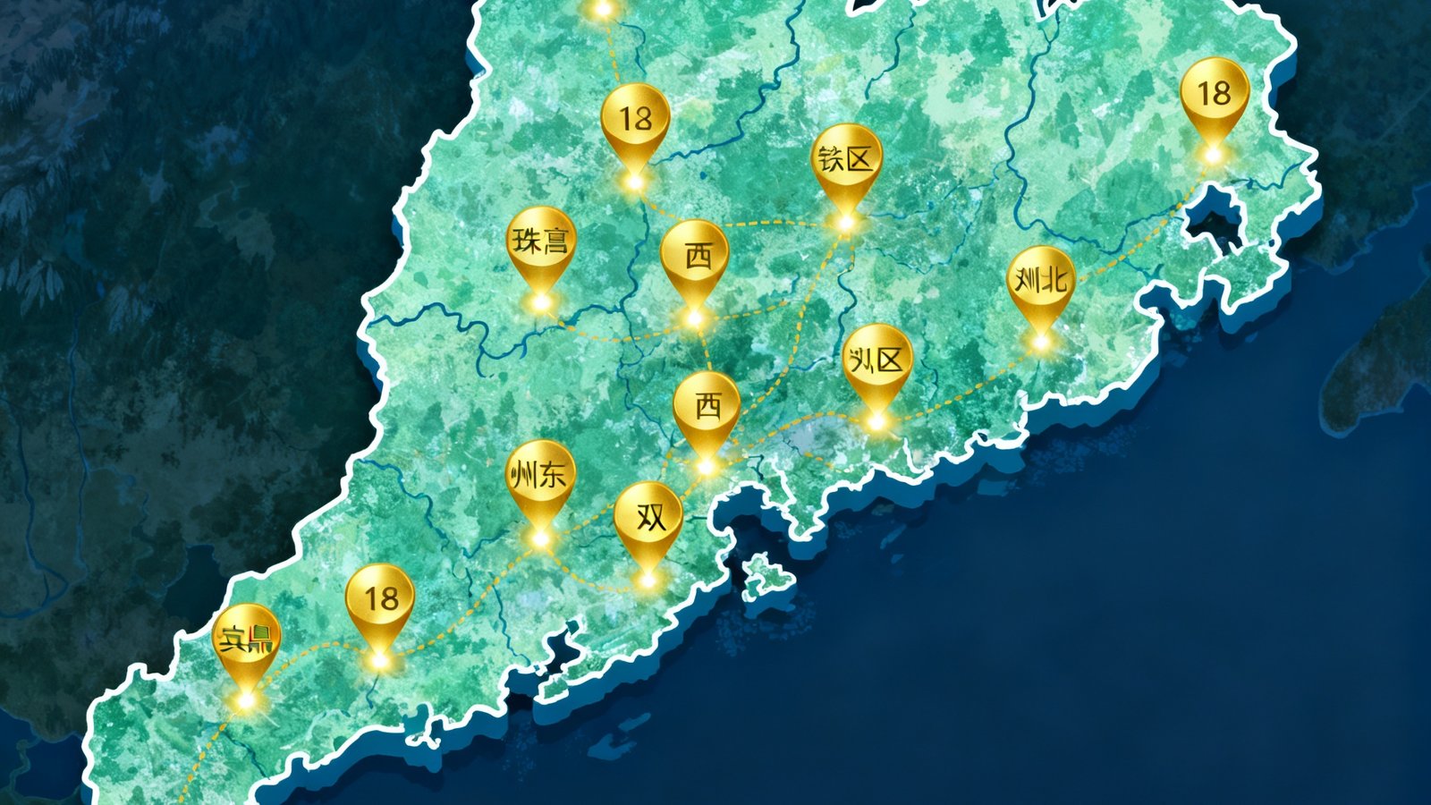 广东省地图上标注了18个金色亮点，代表玖鼎贵宾厅覆盖的高铁站点，从珠三角核心区延伸至粤东粤西粤北，形成完整的服务辐射网络